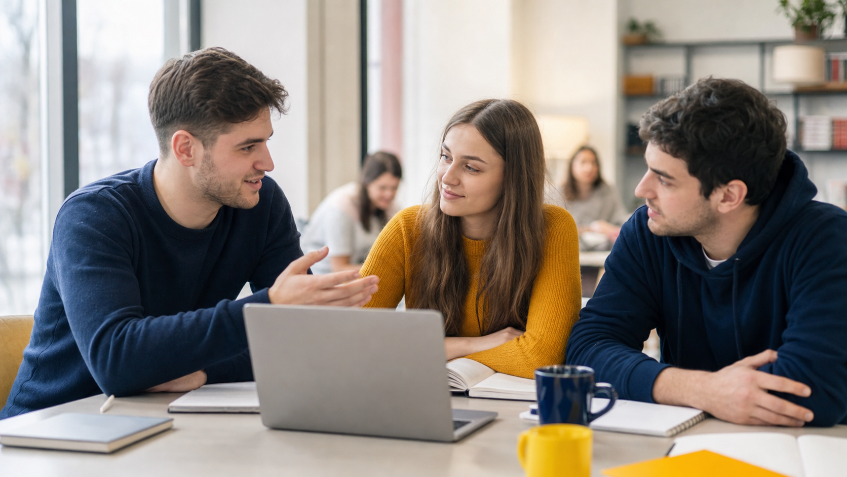 Tineri români discutând cu un mentor